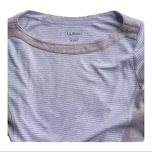 LL Bean Boat Neck Beige Stripe Three Quater Sleeve Top